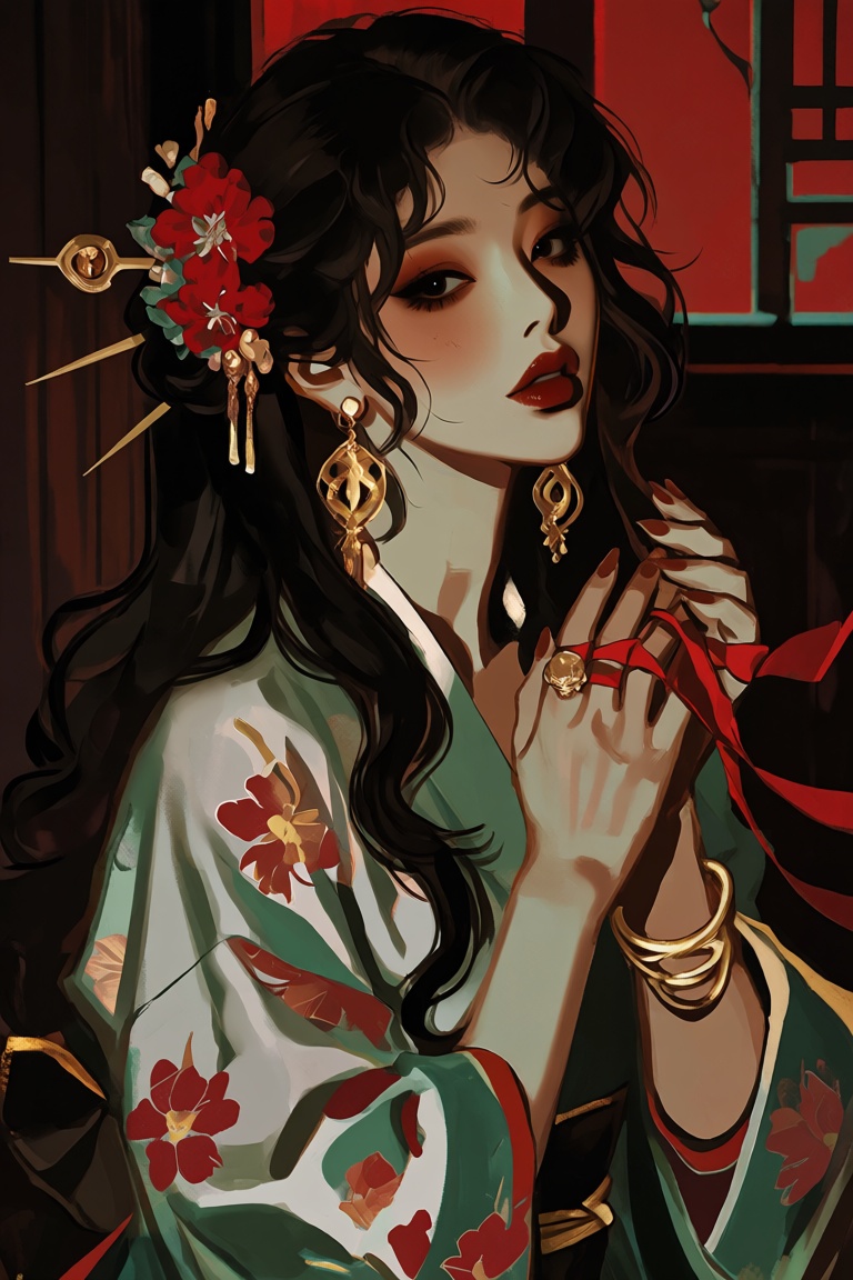 Asian woman with long,  wavy black hair adorned with red flowers and a gold hairpin. She has dark,  bold eye makeup and re...