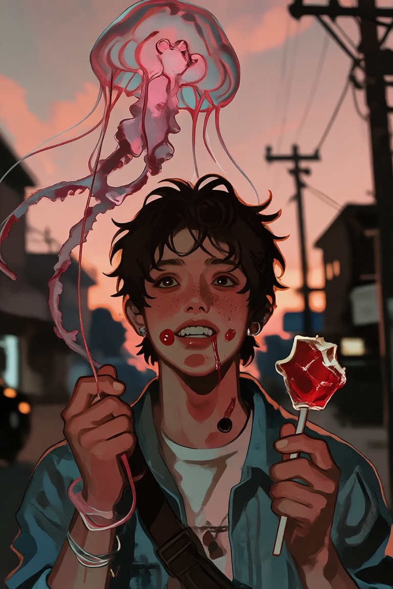 Portrait of a young man on a sunset street holding a string tied to a living translucent jellyfish floating above him like...
