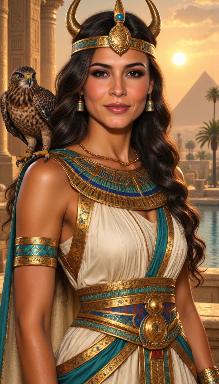 A magnificent photorealistic portrait of Isis,  ancient Egyptian goddess of magic,  healing and divine motherhood on Tenso...