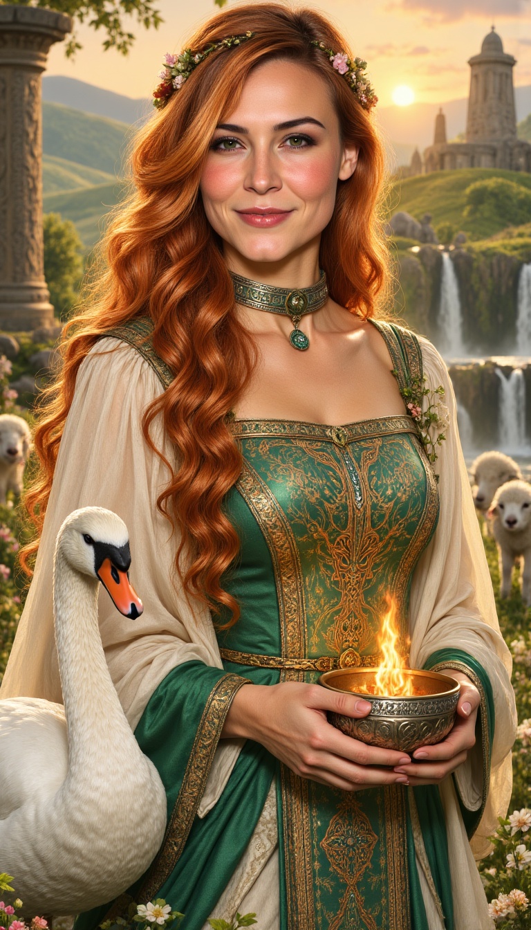 A majestic photorealistic portrait of Brigid,  Celtic goddess of sacred fire,  poetry on Tensor.Art