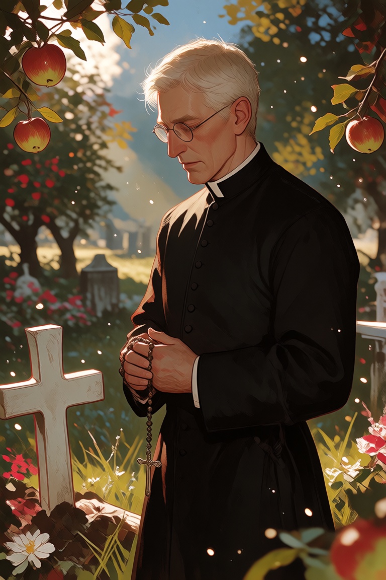 A semi-realistic image of a 45-year-old Catholic priest with refined features standing in an apple orchard cemetery. He is...