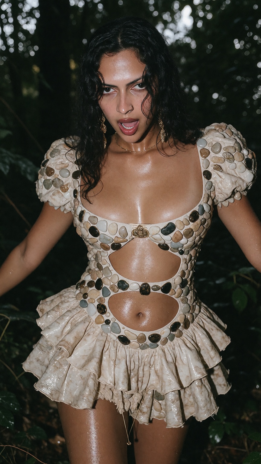 Photograph of a 40yo woman with long wavy black hair and medium brown skin,  In a dark woods,  Lip bite 🫦 seductive expre...