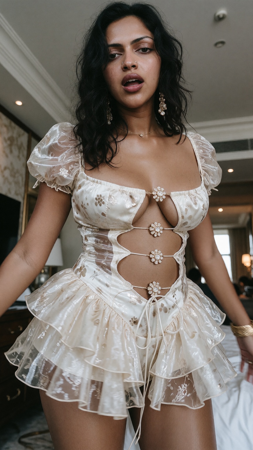 Photograph of a 40yo woman with long wavy black hair and medium brown skin,  standing in a brightly lit room. Lip bite 🫦...