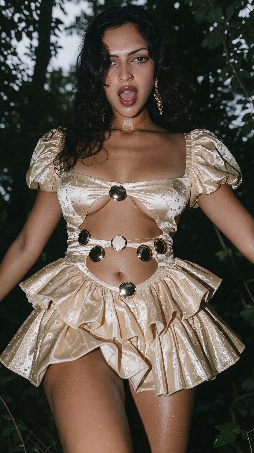 Low angle Photograph of a 40yo woman with long wavy black hair and medium brown skin,  standing In a dark woods,  Lip bite...