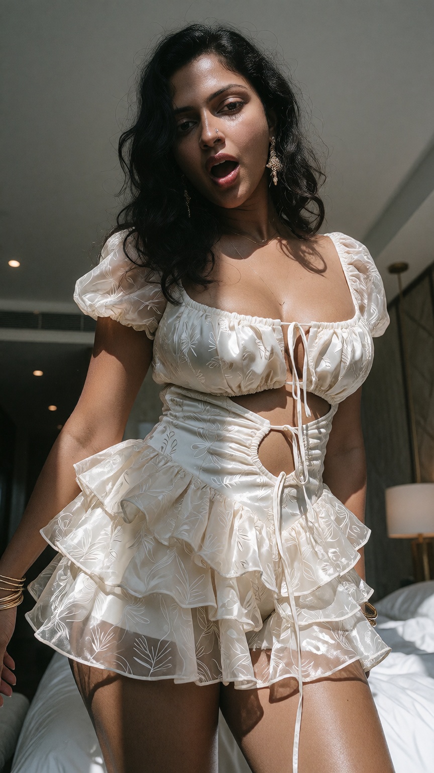 Photograph of a 40yo woman with long wavy black hair and medium brown skin,  standing in a brightly lit room. Seductive ex...