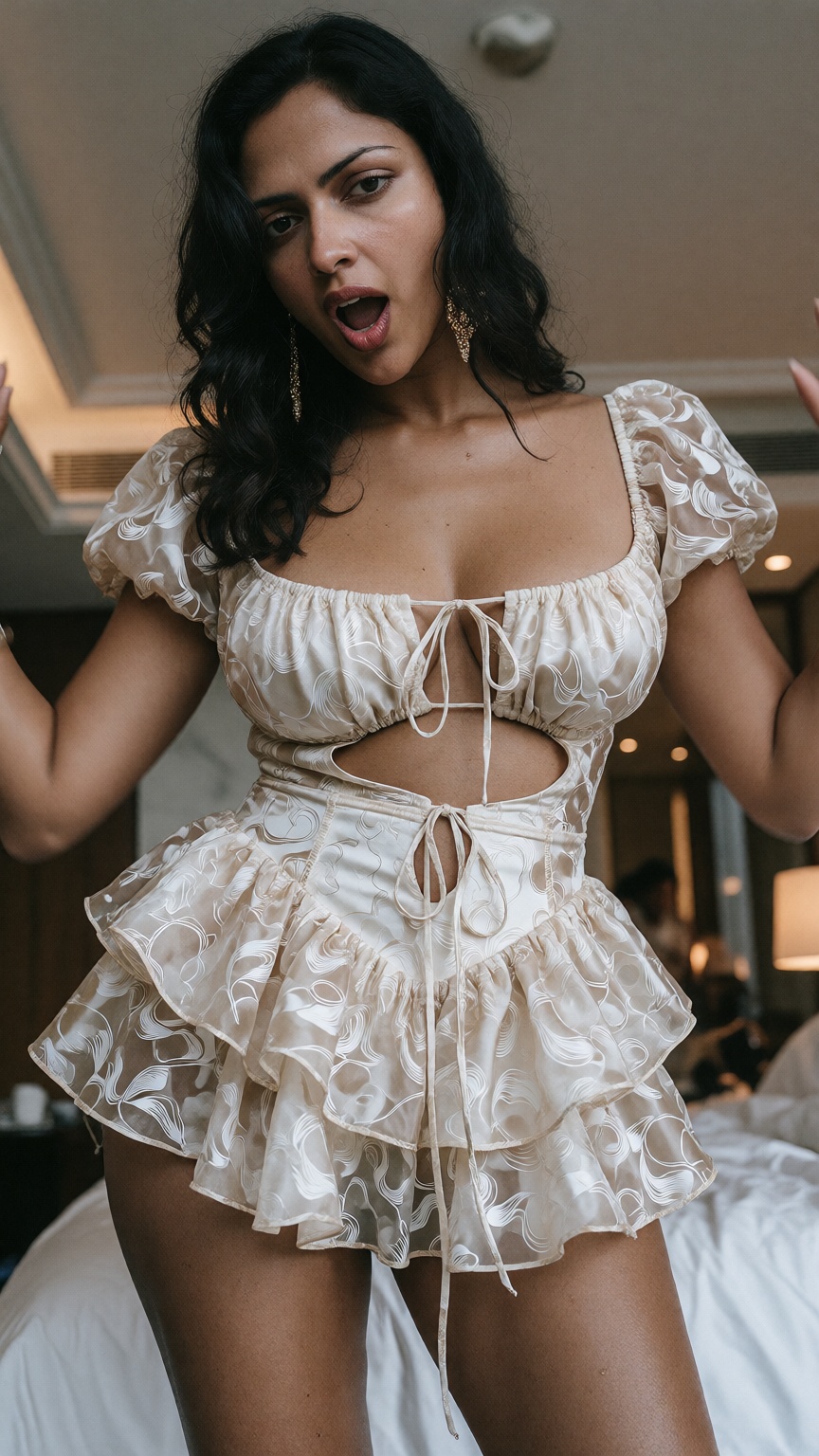 Photograph of a 40yo woman with long wavy black hair and medium brown skin,  standing in a brightly lit room. Seductive ex...