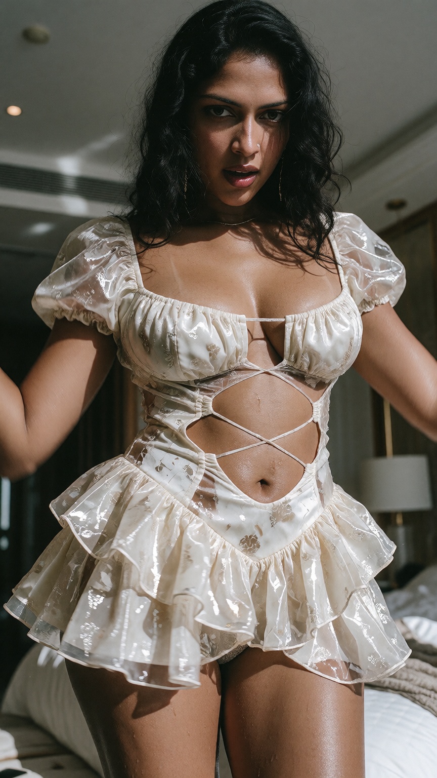 Photograph of a 40yo woman with long wavy black hair and medium brown skin,  standing in a brightly lit room. Lip bite 🫦...