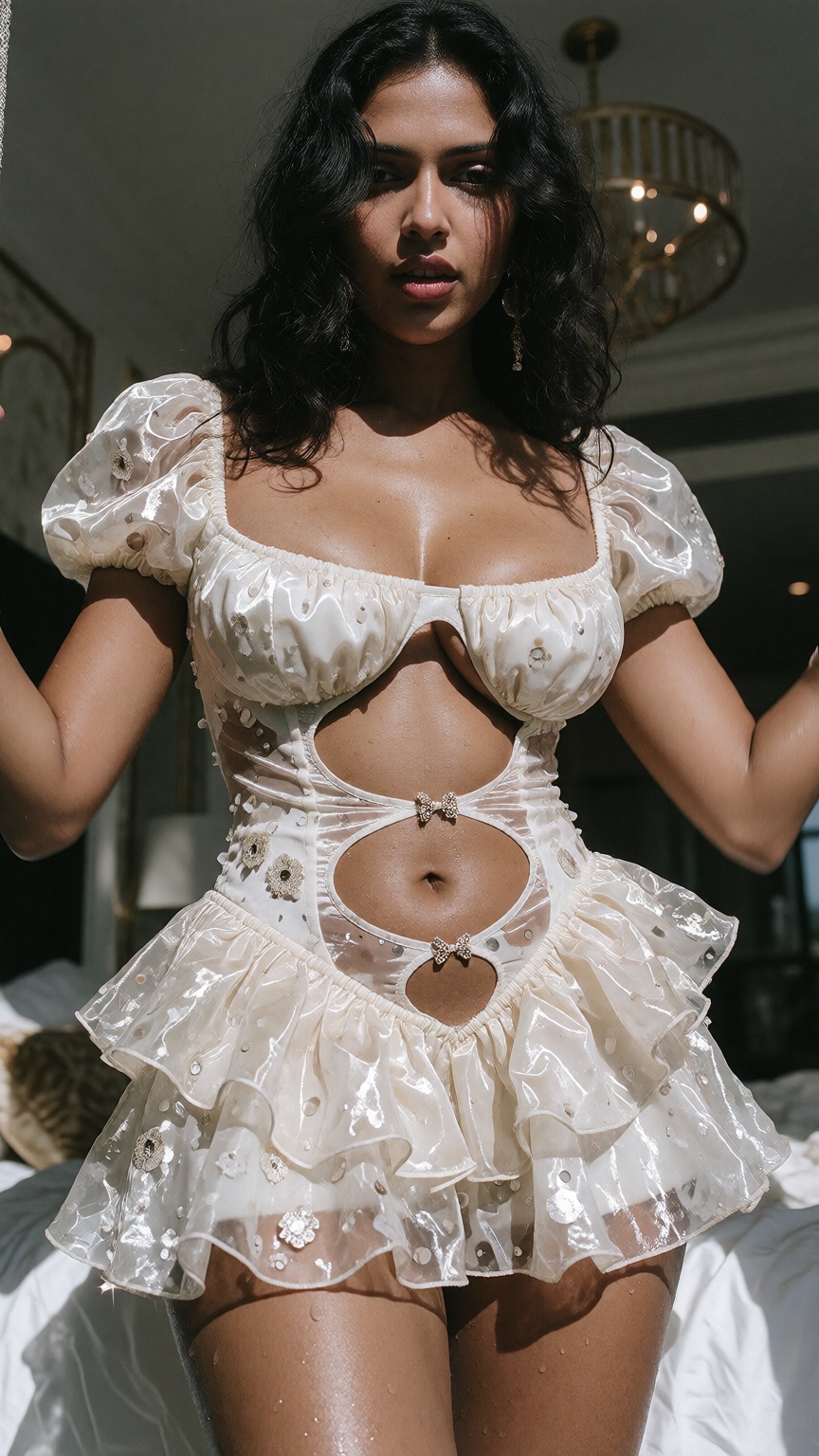 Photograph of a 40yo woman with long wavy black hair and medium brown skin,  standing in a brightly lit room. Lip bite 🫦...