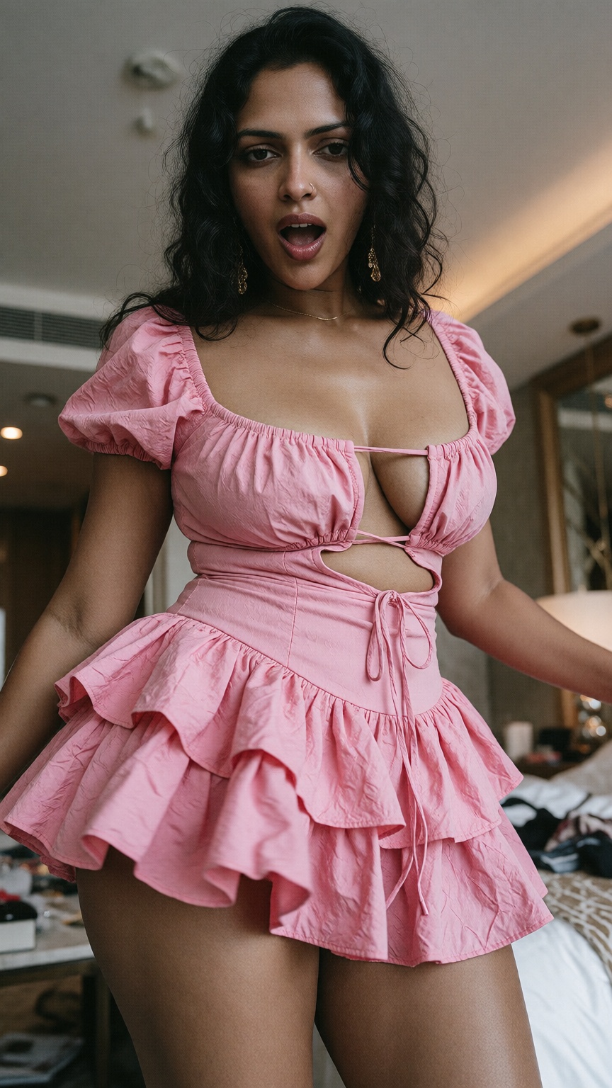 Photograph of a 40yo woman with long wavy black hair and medium brown skin,  standing in a brightly lit room. Seductive ex...