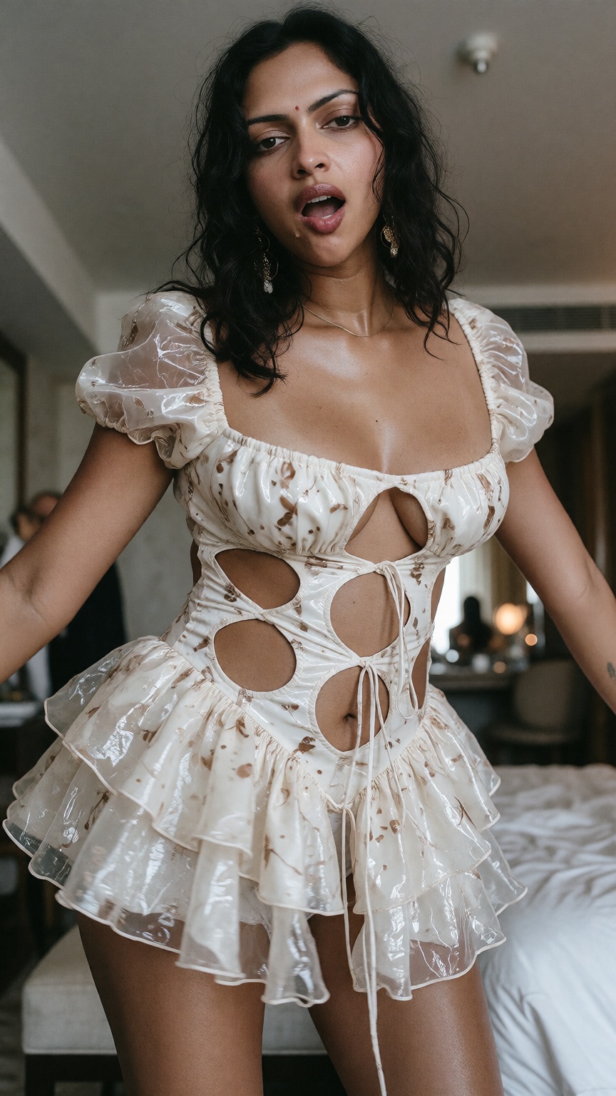 Photograph of a 40yo woman with long wavy black hair and medium brown skin,  standing in a brightly lit room. Lip bite 🫦...