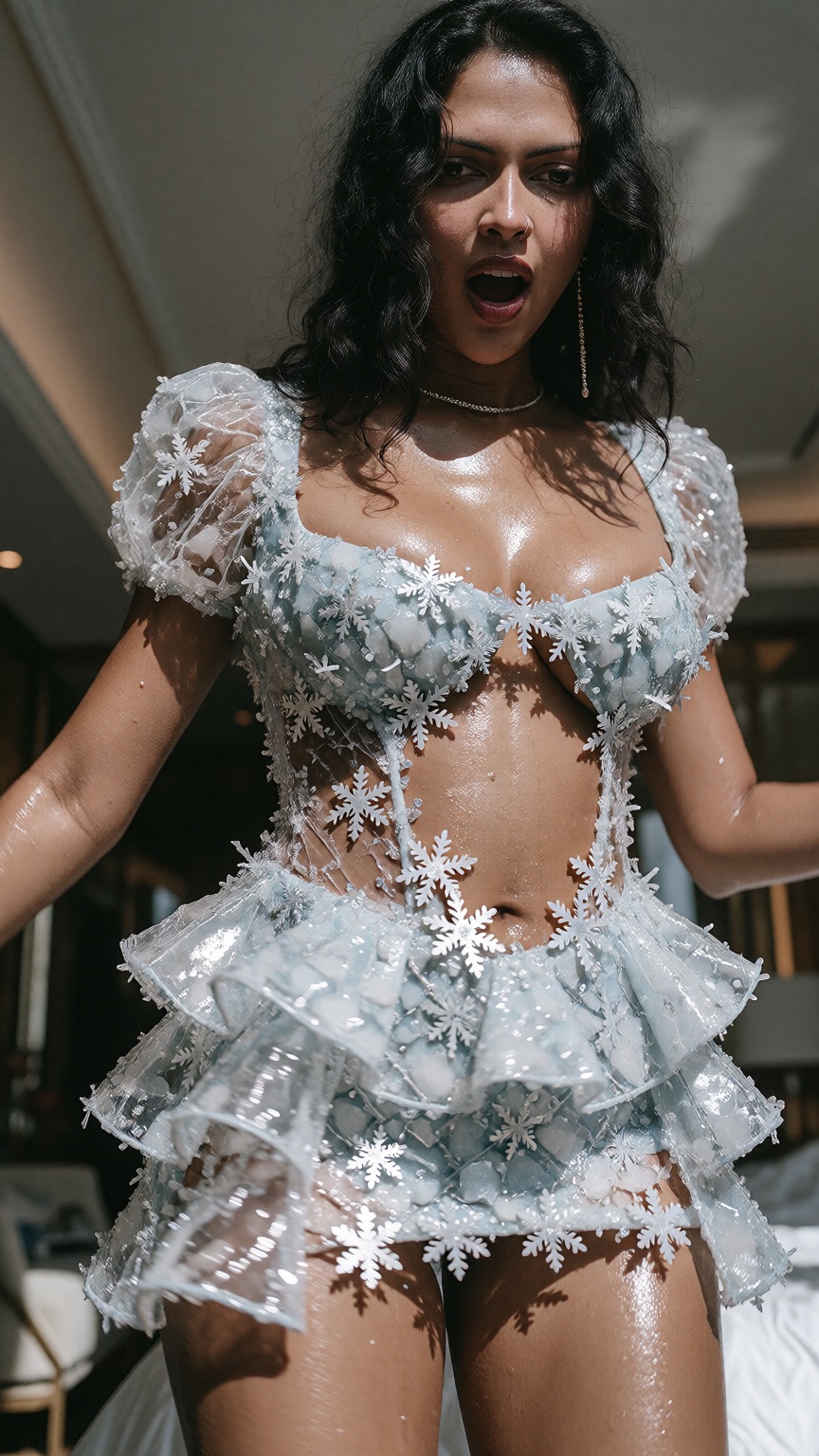 Photograph of a 40yo woman with long wavy black hair and medium brown skin,  standing in a brightly lit room. Lip bite 🫦...