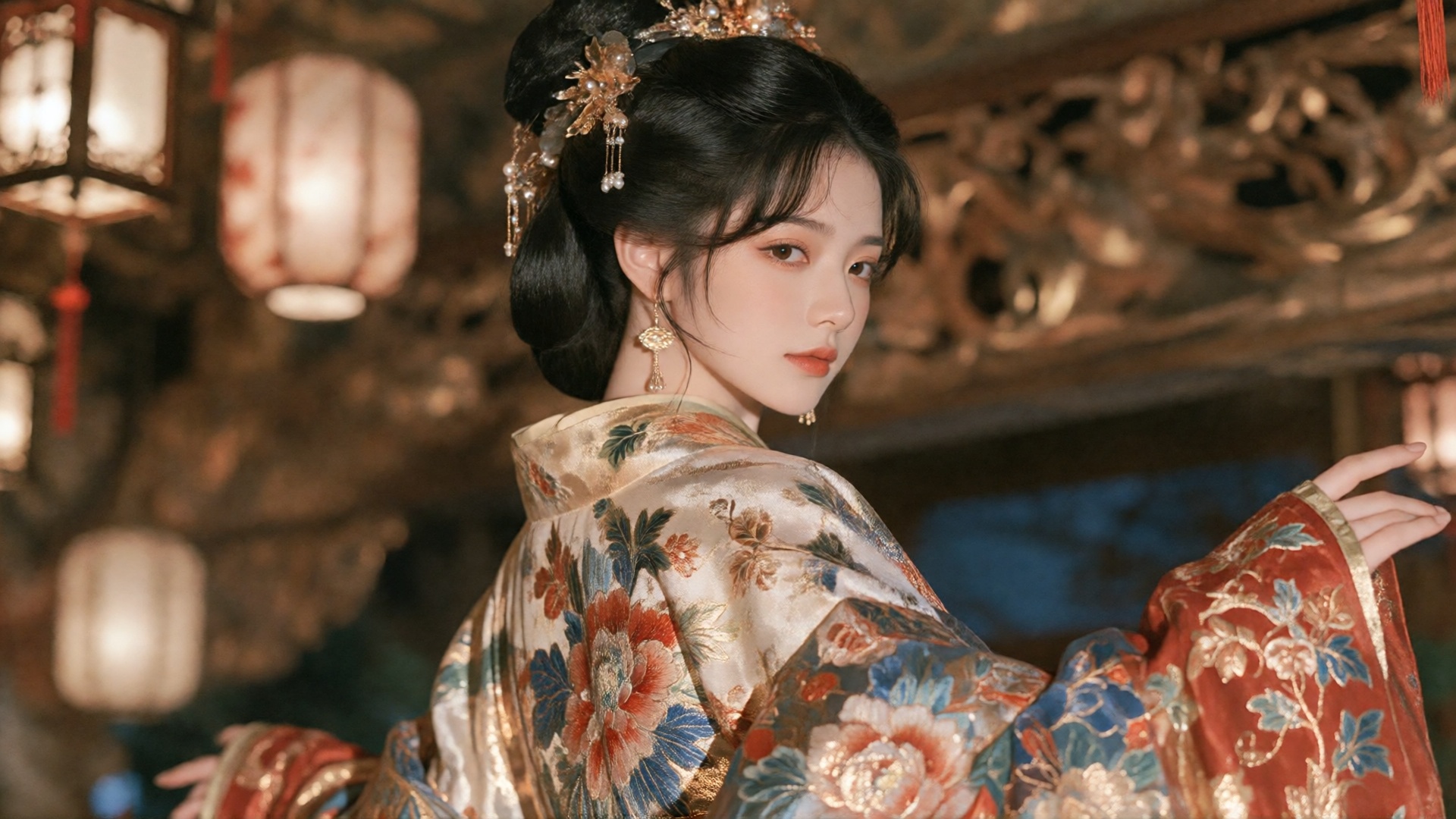 photograph of a young asian woman with fair skin and delicate features,  wearing an elaborate,  traditional japanese kimon...