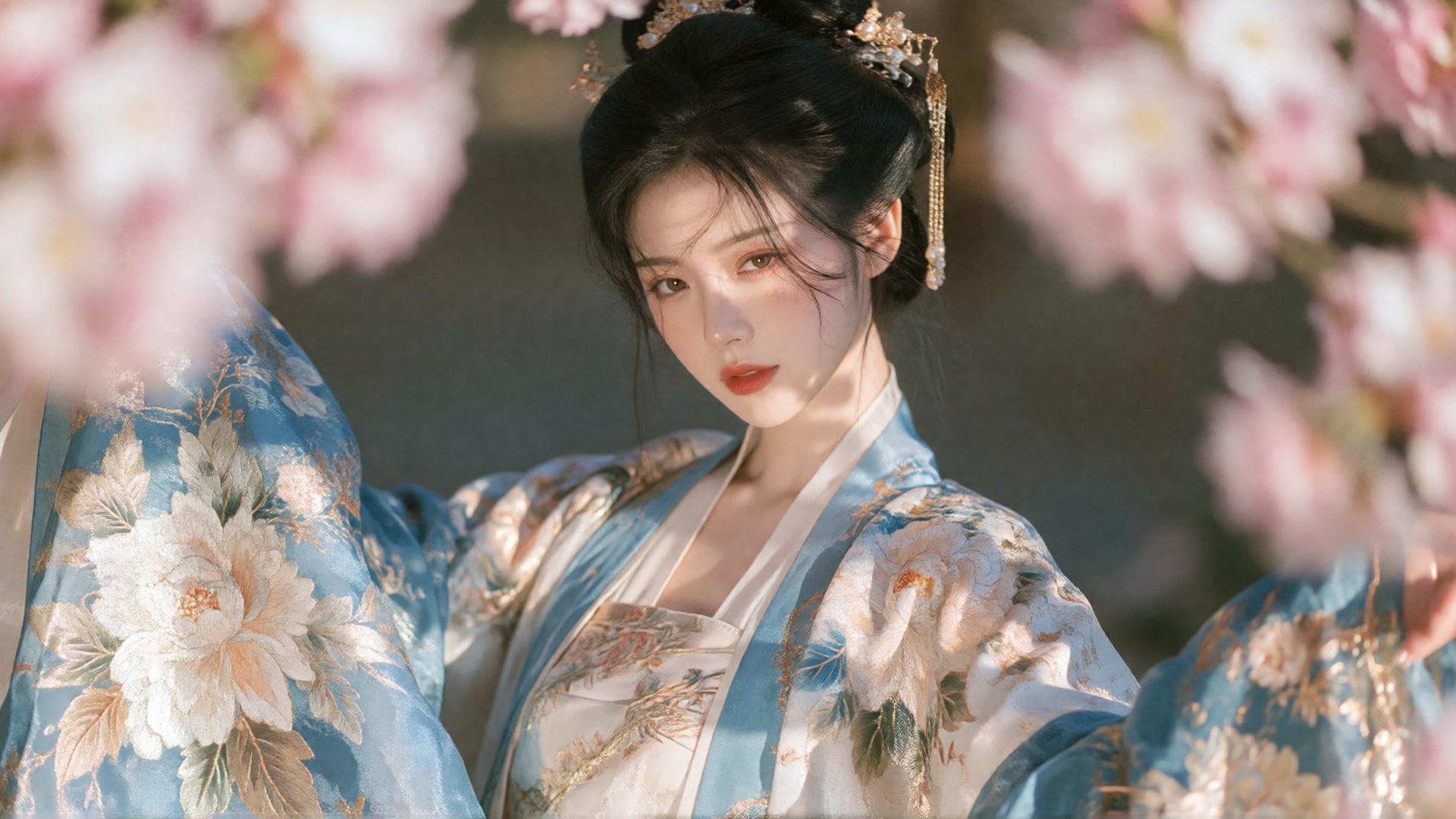 photograph of an east asian woman with fair skin and delicate features,  wearing a traditional,  ornate blue and white flo...