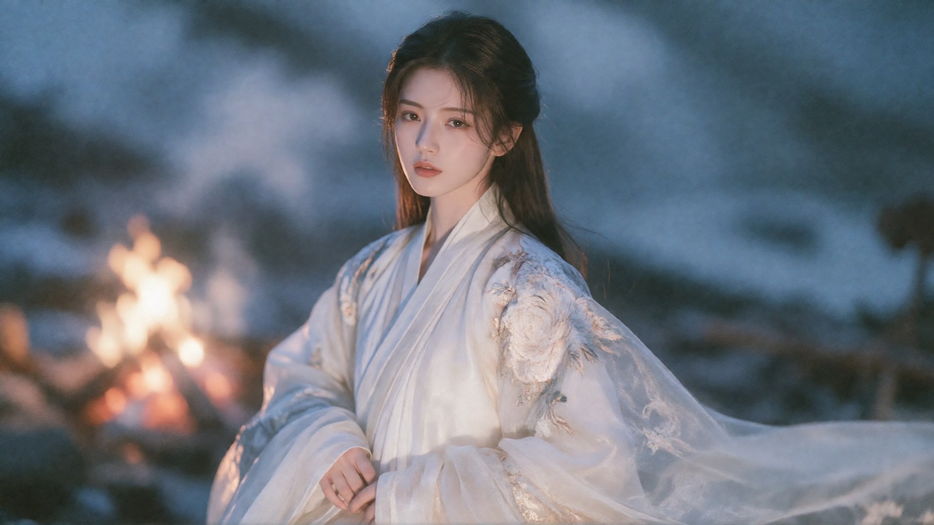 this is a photograph of a young woman with pale skin and long,  dark brown hair,  wearing a flowing on Tensor.Art