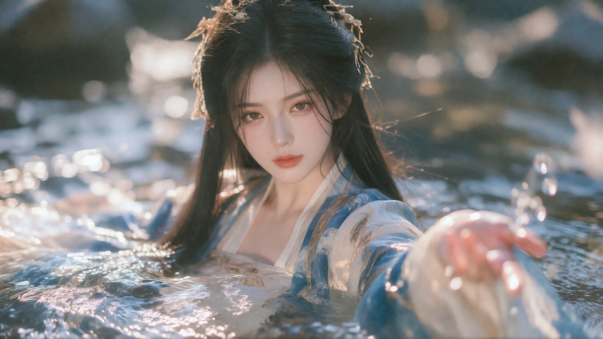 photograph of an east asian woman with fair skin and long,  straight black hair adorned with a delicate golden hairpiece,...