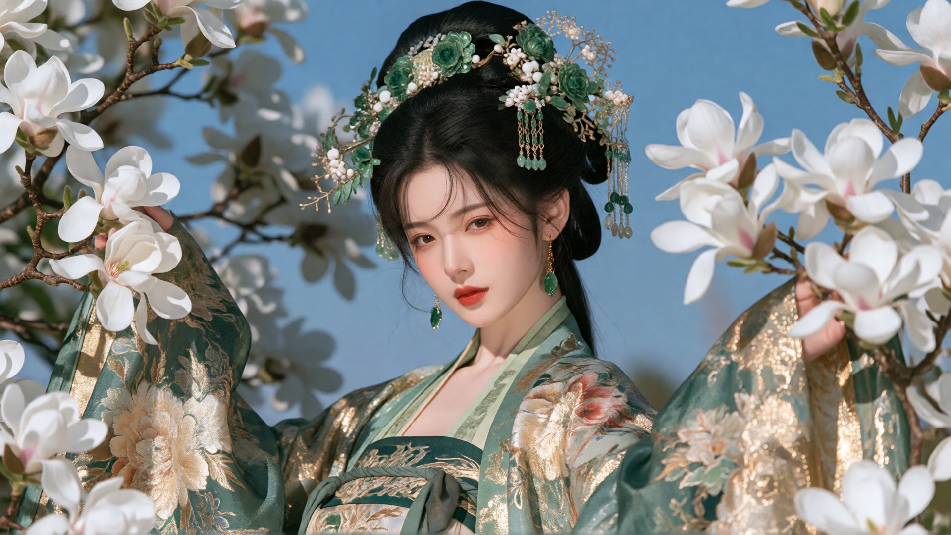 photograph of an east asian woman with fair skin and delicate features,  wearing an elaborate,  traditional green and gold...