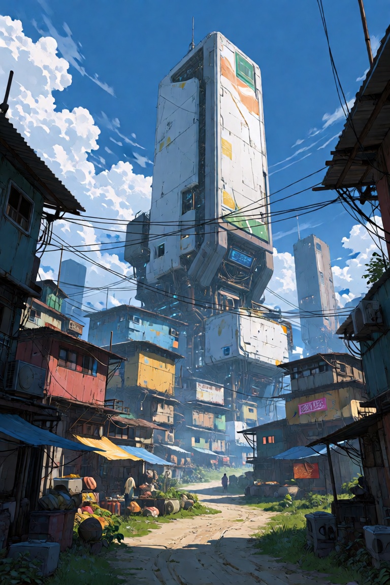 A futuristic town scene where multi-story buildings stretch towards the sky,  contrasting with a humble dirt path winding...