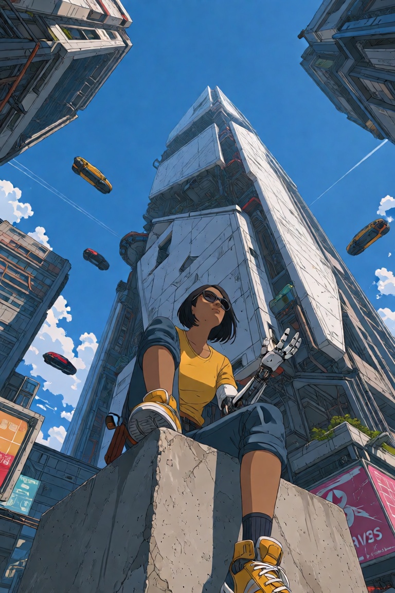 woman,  full body,  sitting on concrete block on Tensor.Art