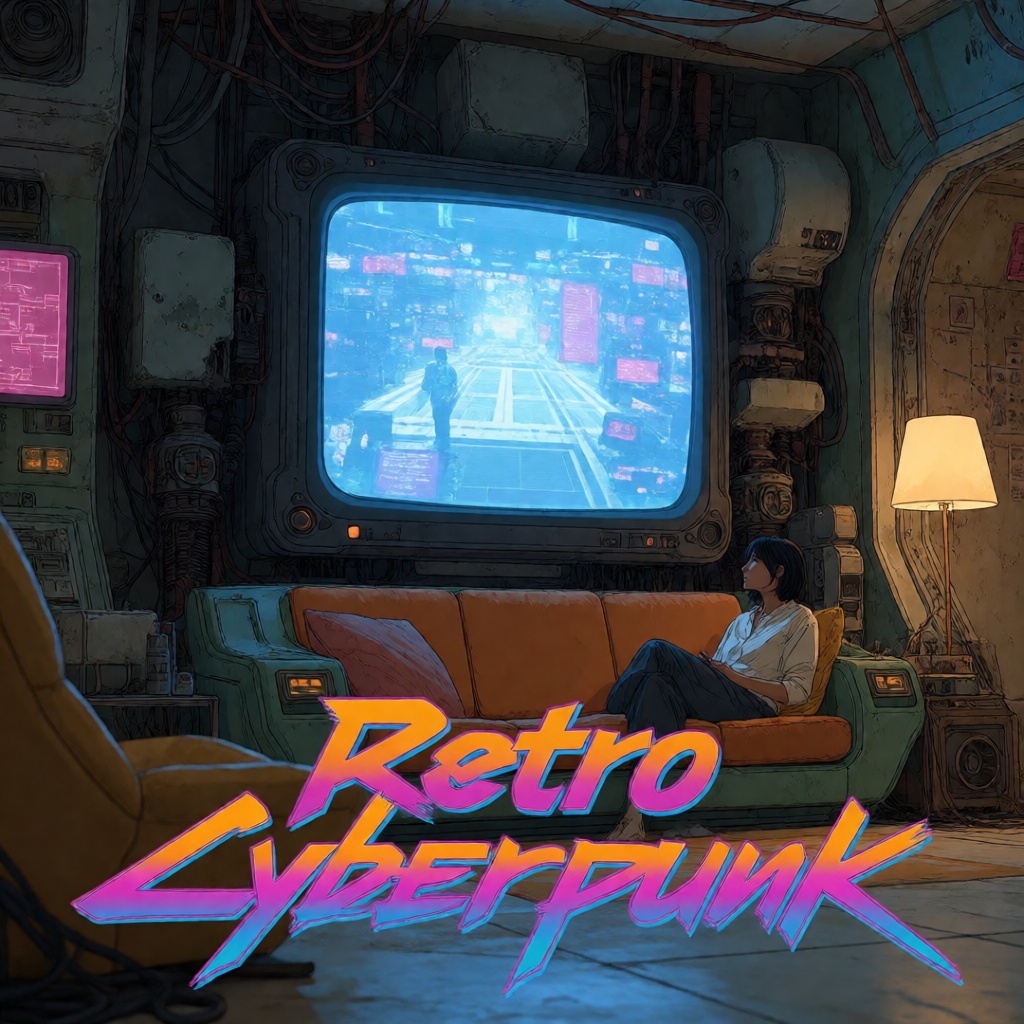 A woman is sitting on a cozy couch indoors,  surrounded by a vintage atmosphere. A massive CRT monitor dominates the wall,...