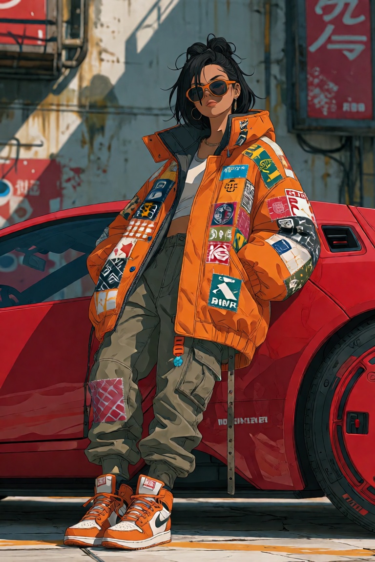 A portrait of a woman with an oversized orange jacket,  featuring a lot of mismatched patchwork. She wears cargo pants and...