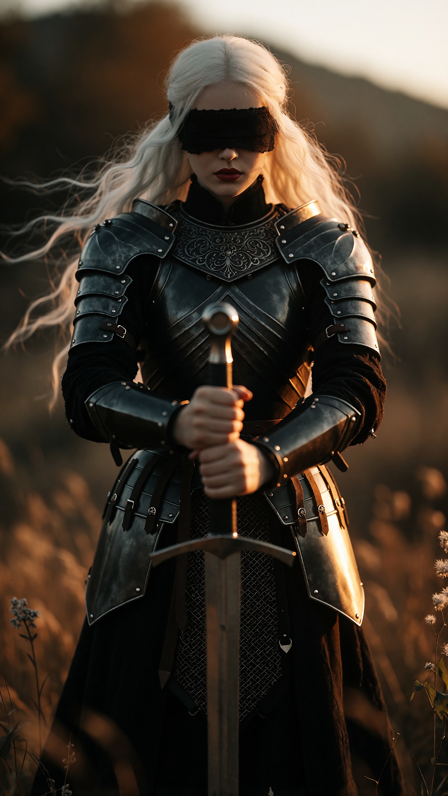Create a photorealistic scene featuring a solo woman with long,  flowing white hair,  standing in a dynamic pose. She is h...
