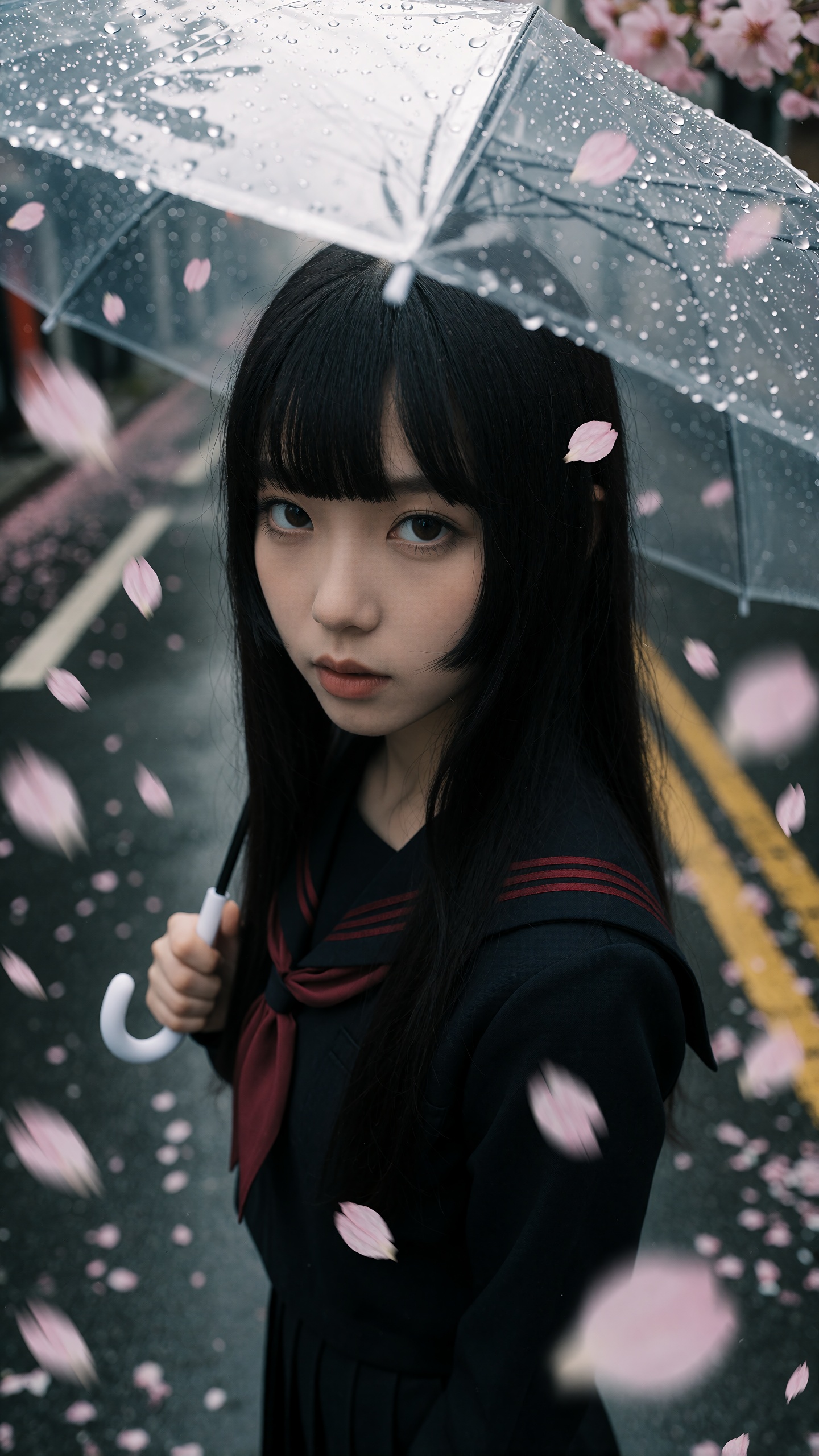 A photograph High-angle,  extreme close-up shot looking down at a young East Asian woman standing on a city street. She ha...
