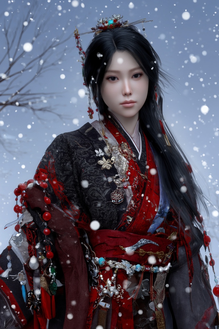 The image depicts a person dressed in traditional East Asian attire,  specifically a kimono with intricate patterns and a...