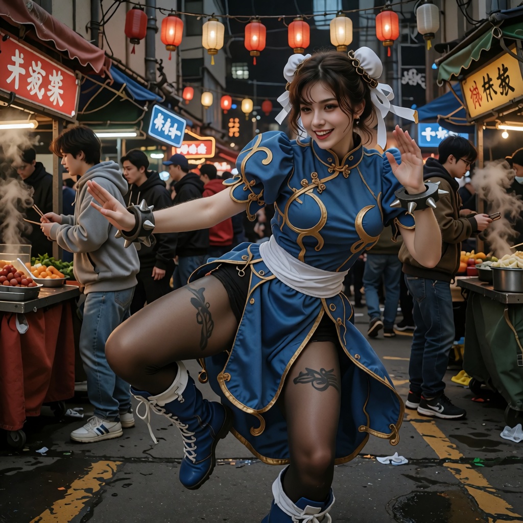 raw realistic cinematic street action photography,  exceptionally beautiful Chun-Li cosplayer in a crowded Asian night mar...
