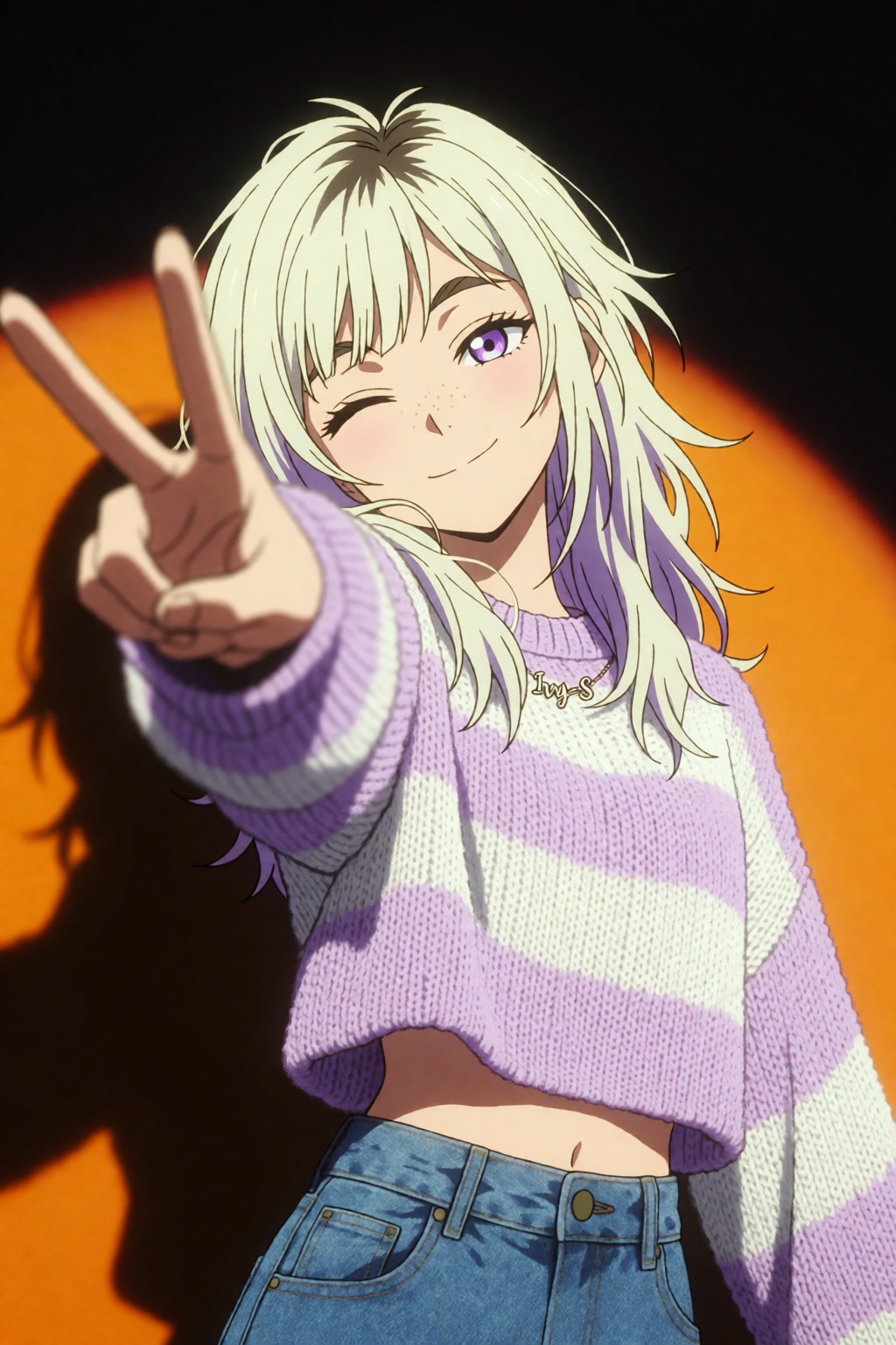 DBShonen. A young woman with platinum blonde hair,  visible natural dark roots,  soft purple inner hair underneath the out...