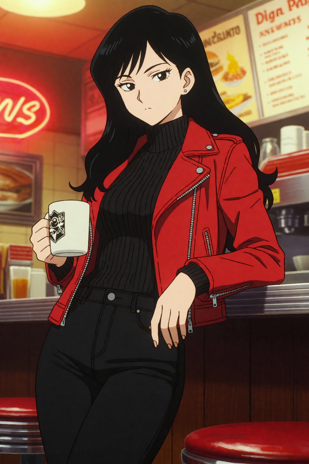 DBShonen. Three-quarter length shot,  a young woman with fair skin and long wavy black hair leaning against a counter insi...