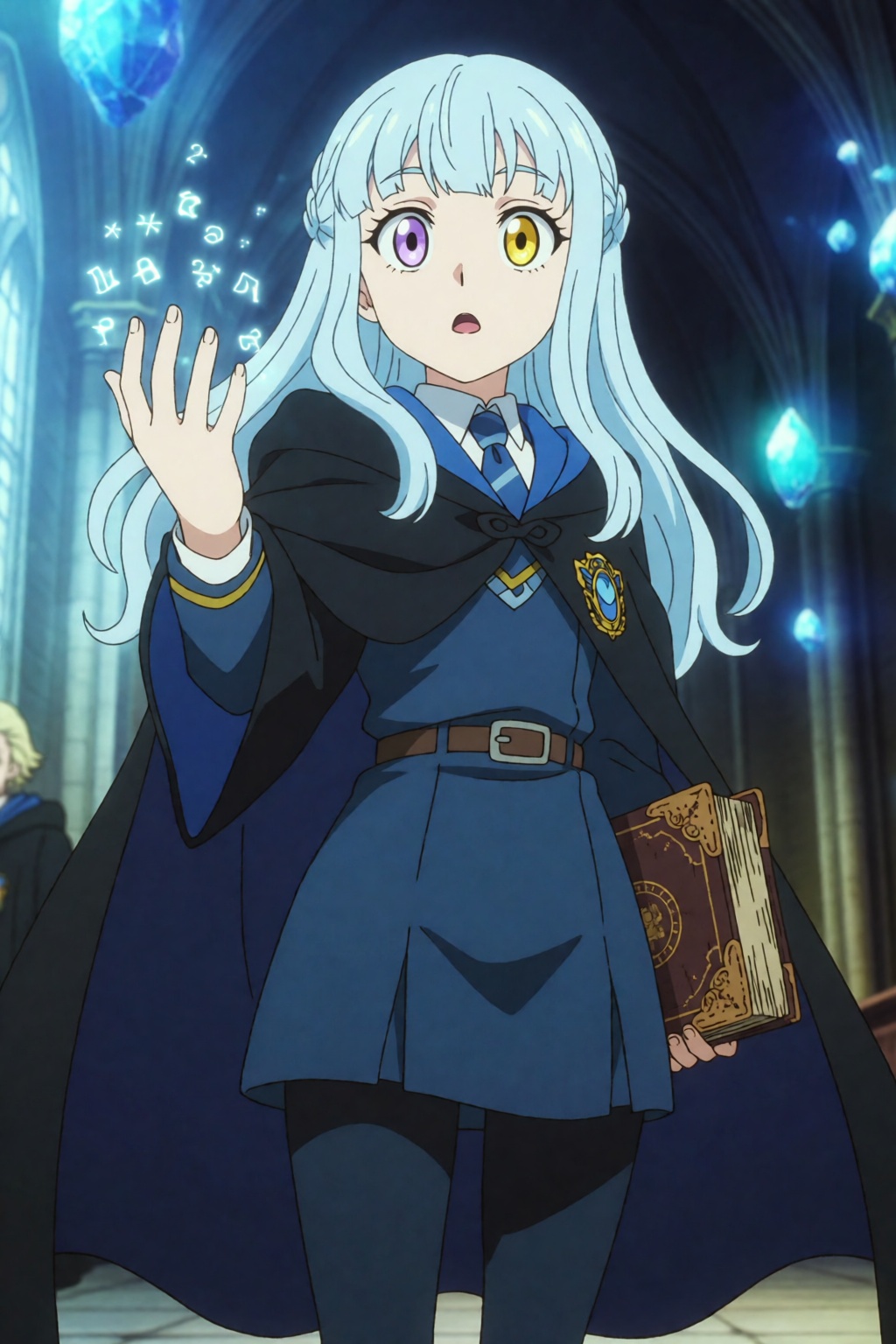 DBShonen. Full-body view of a young fantasy student with long pale blue hair and heterochromia,  one lavender eye and one...