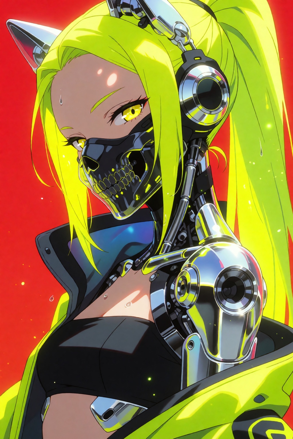 DBShonen. A striking close-up portrait of a futuristic cyberpunk girl with long neon yellow hair tied in a high ponytail,...