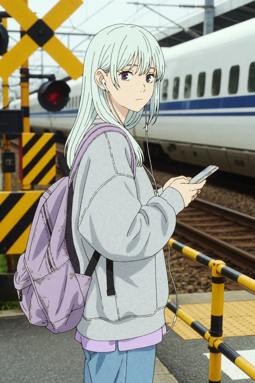 DBShonen. A young woman,  standing near a railway crossing. She has long platinum hair with wispy bangs and gazes over her...