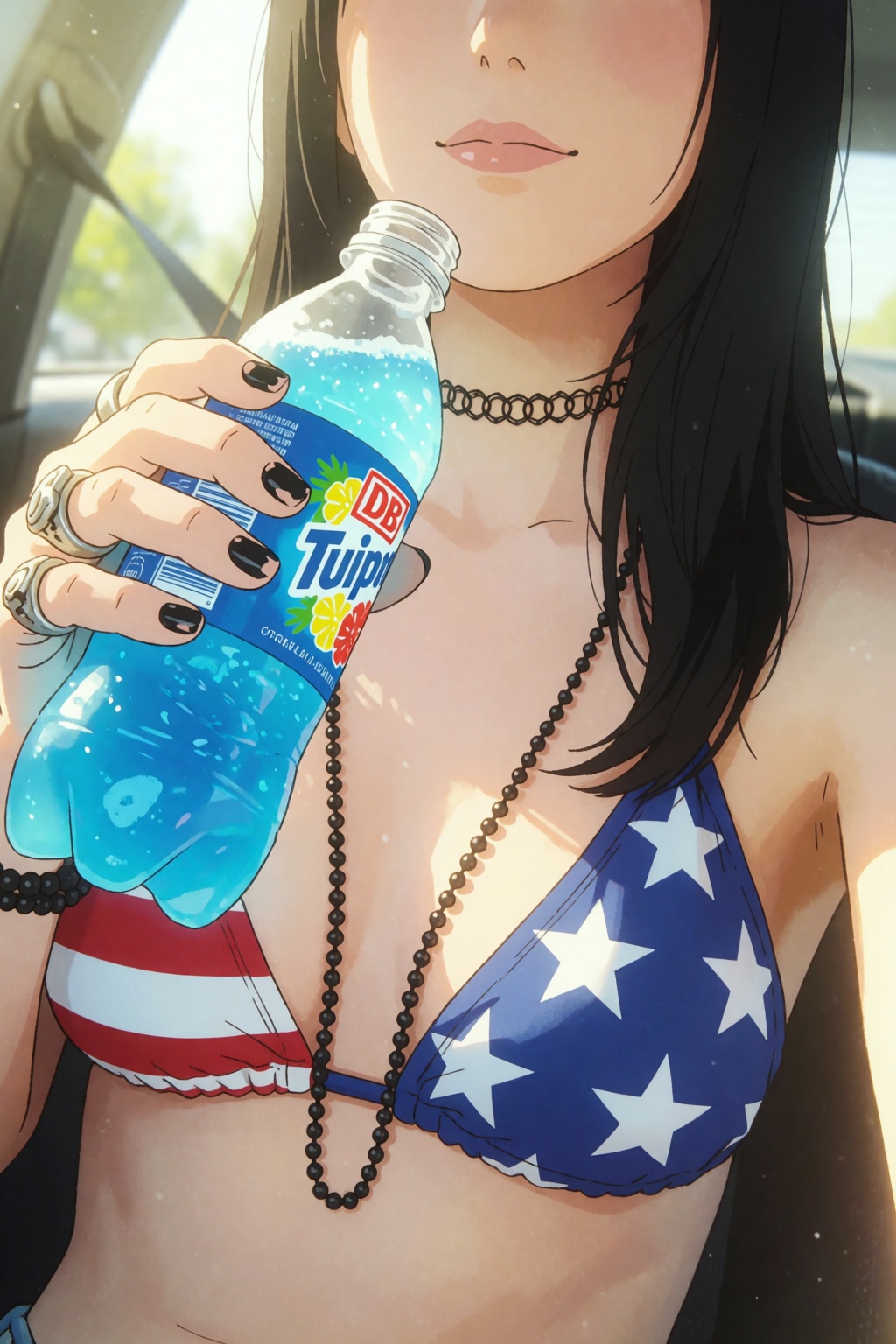 DBShonen. A close-up selfie taken inside a parked car during daytime,  framed from the upper chest to the lower half of th...
