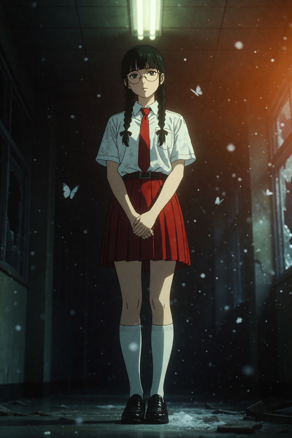 DBShonen. A young woman stands motionless in the center of a dimly lit corridor,  viewed from a slightly low angle. She ha...