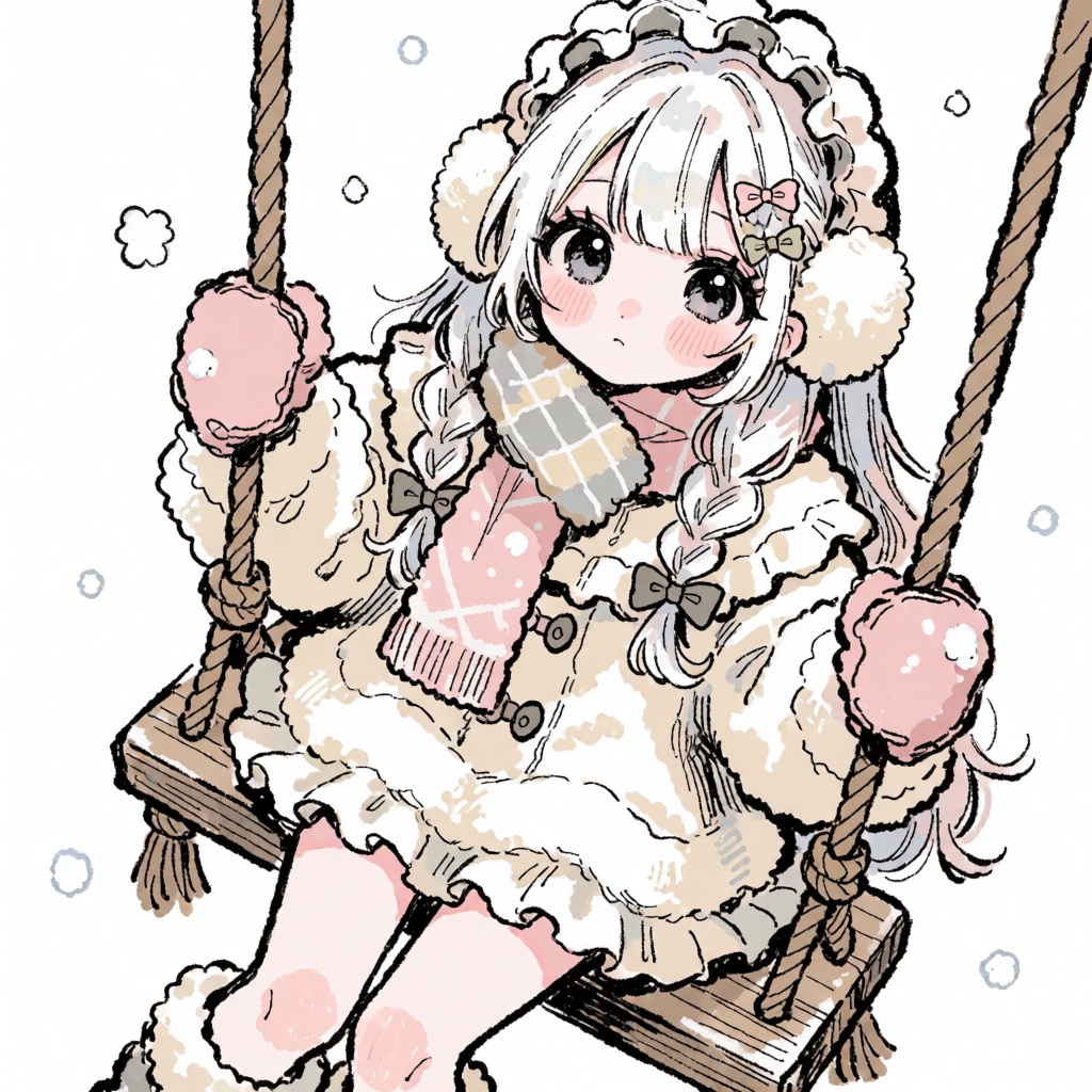 A rough sketch illustration of a cute girl long with white hair wearing a fluffy white ruffled outfit and winter accessori...