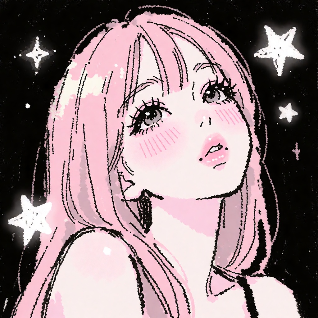 A rough sketch illustration of a cute girl with pastel pink hair,  dramatic dark clumpy eyelashes,  glossy detailed eyes o...
