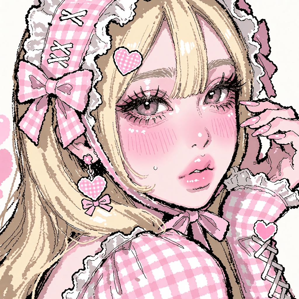 A close-up rough sketch illustration of a cute girl with blonde hair,  wearing a frilly pink-and-white gingham bonnet and...