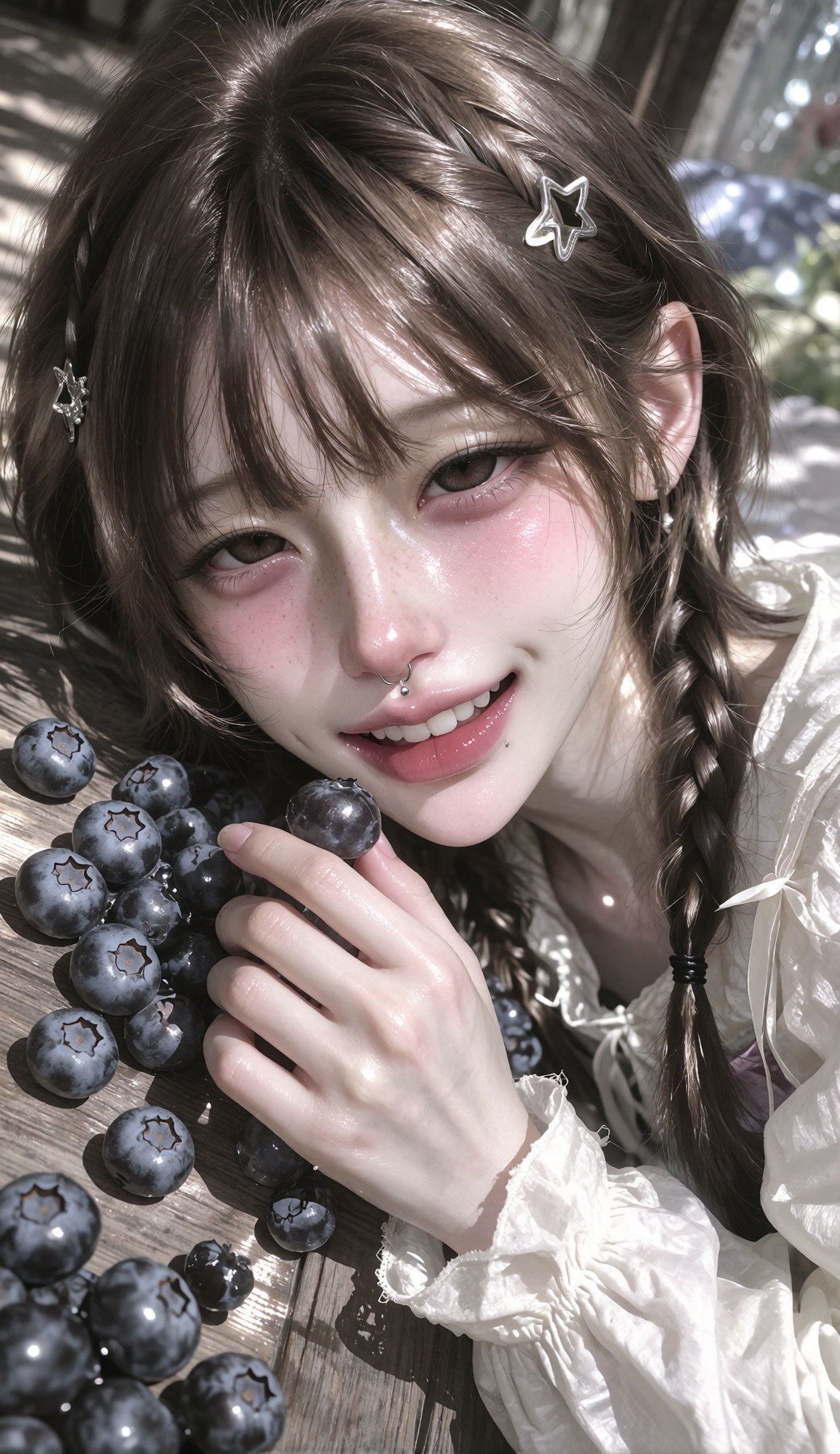 A dreamy photorealistic portrait of a young woman lying down on a natural wooden floor,  her head gently resting against t...