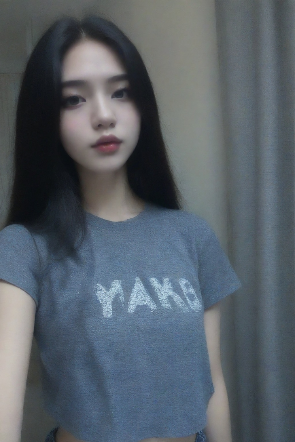 Photo of a young East Asian woman,  long straight black hair with grey highlights,  soft makeup with red lips on Tensor.Art