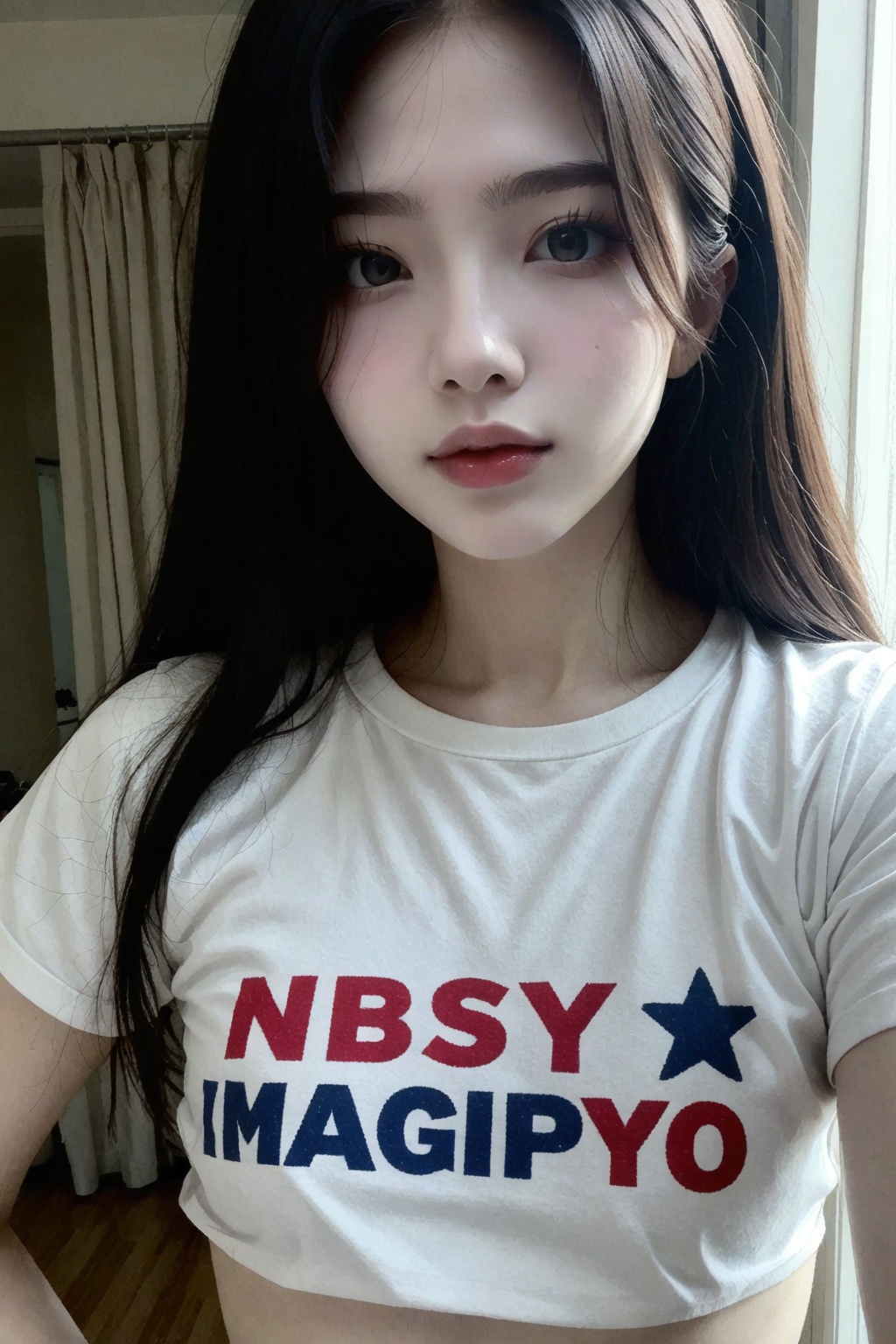 Photo of a young East Asian woman,  long straight black hair with grey highlights,  soft makeup with red lips on Tensor.Art