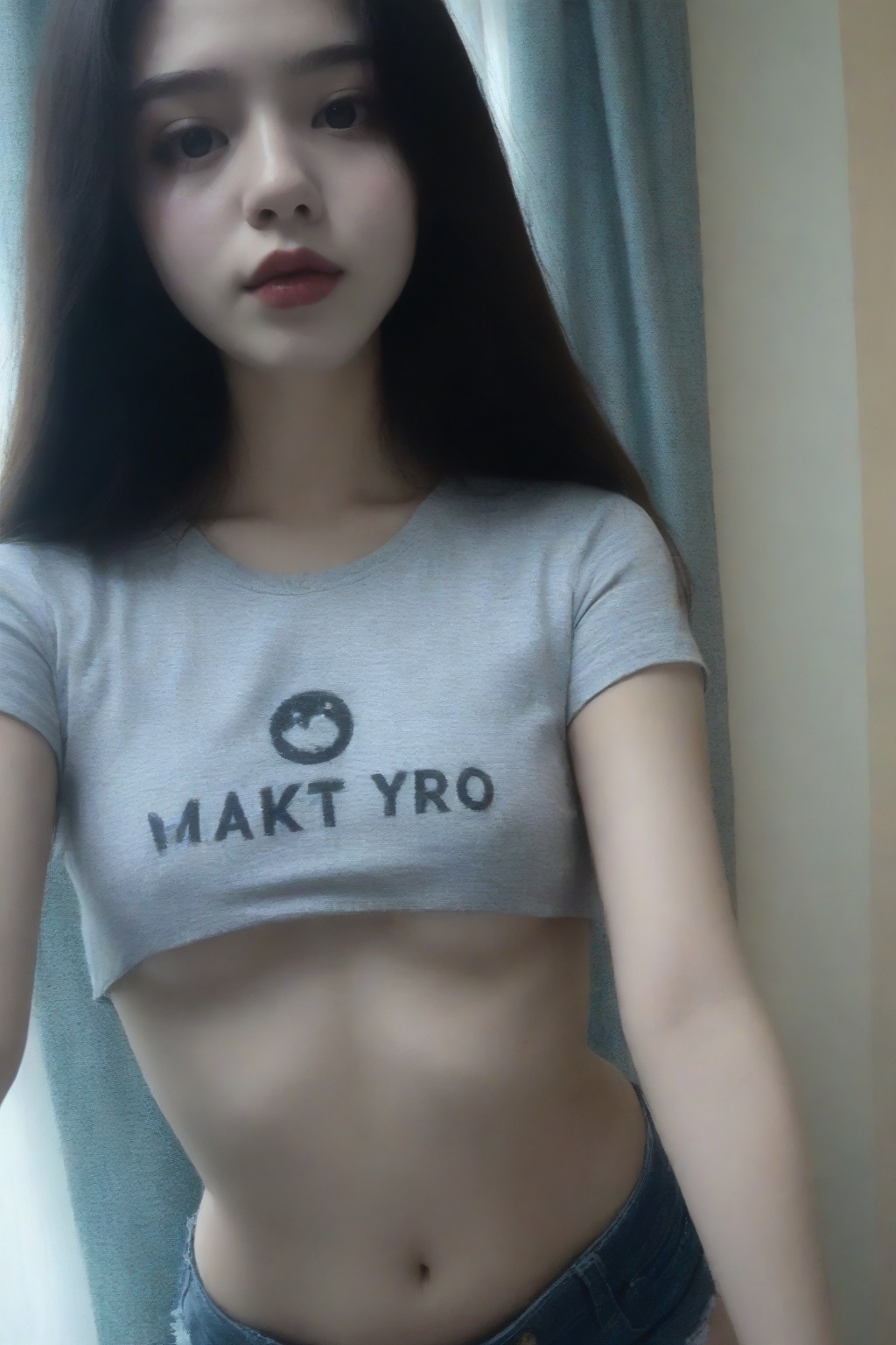 Photo of a young East Asian woman,  long straight black hair with grey highlights,  soft makeup with red lips on Tensor.Art