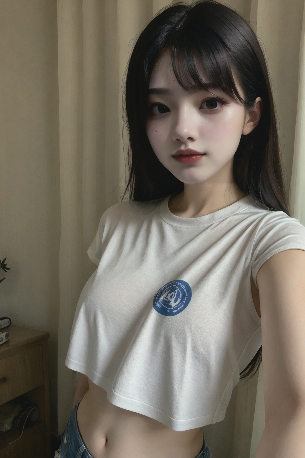 Photo of a young East Asian woman,  long straight black hair with grey highlights,  soft makeup with red lips on Tensor.Art