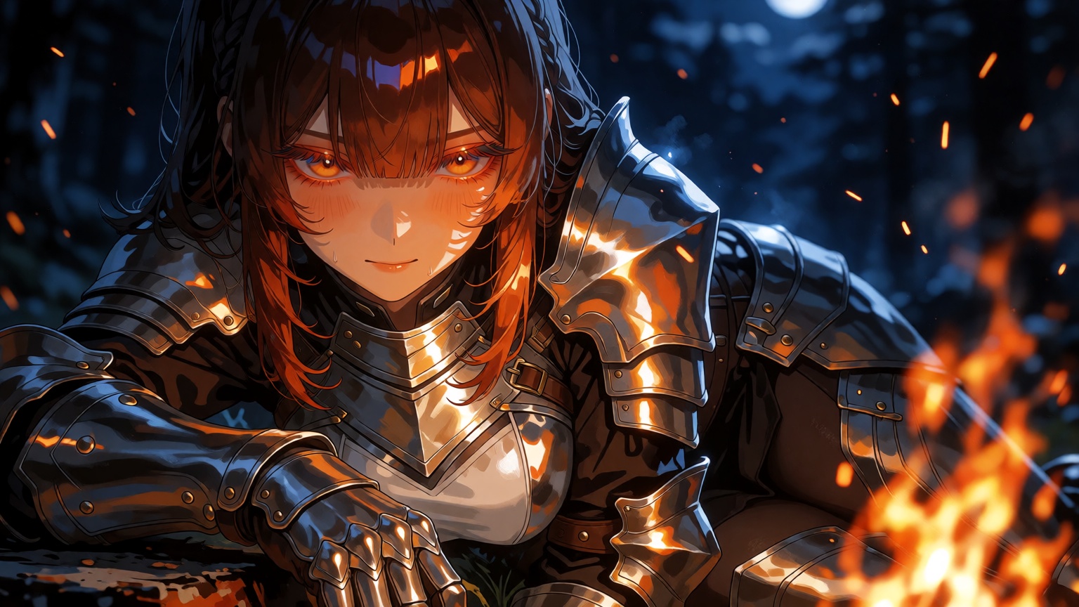 A fantasy anime swordswoman resting beside a campfire at night,  surrounded by a dark forest. Intense orange firelight ill...