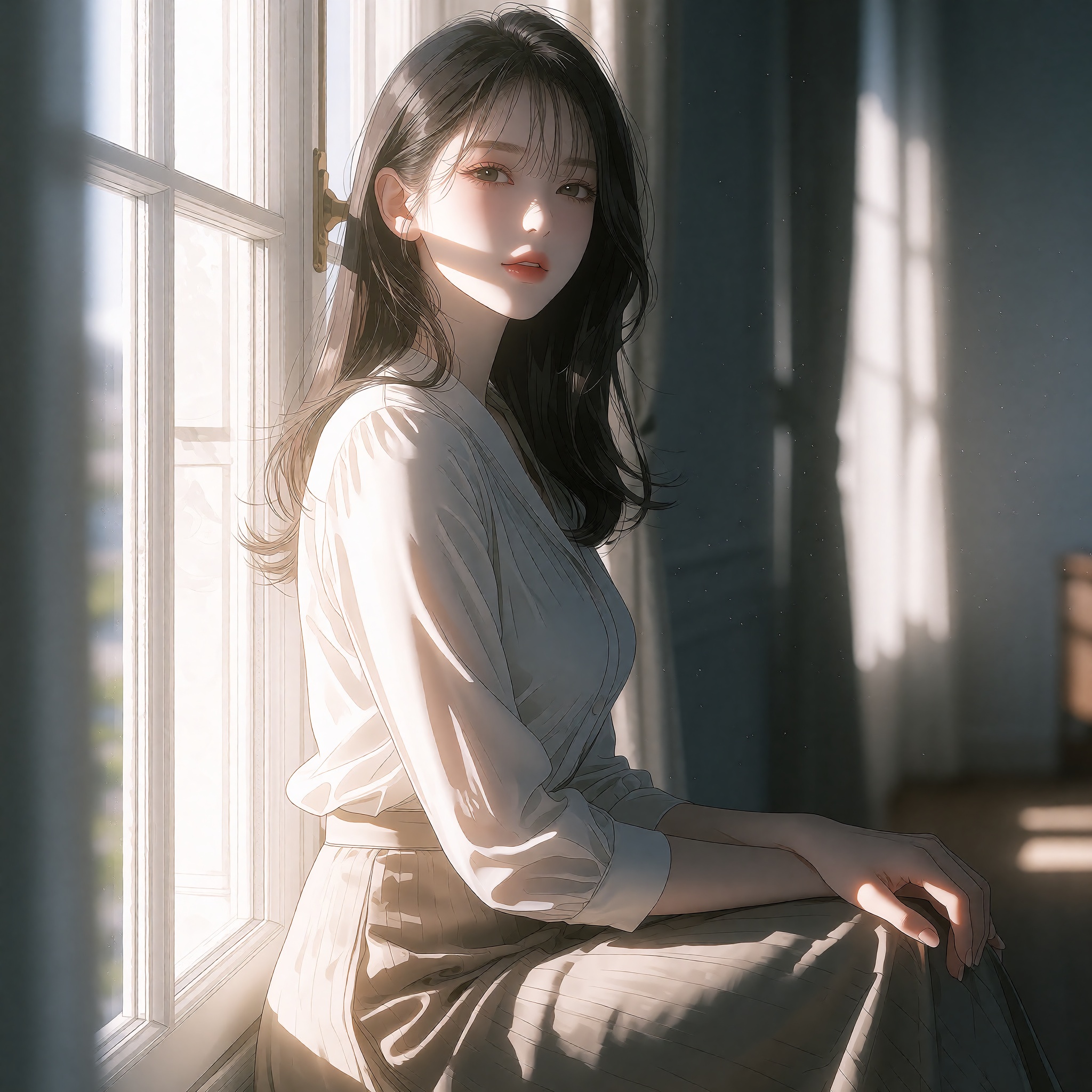 A beautifully detailed anime illustration of a young ***** woman sitting beside a tall window inside a quiet room in the e...