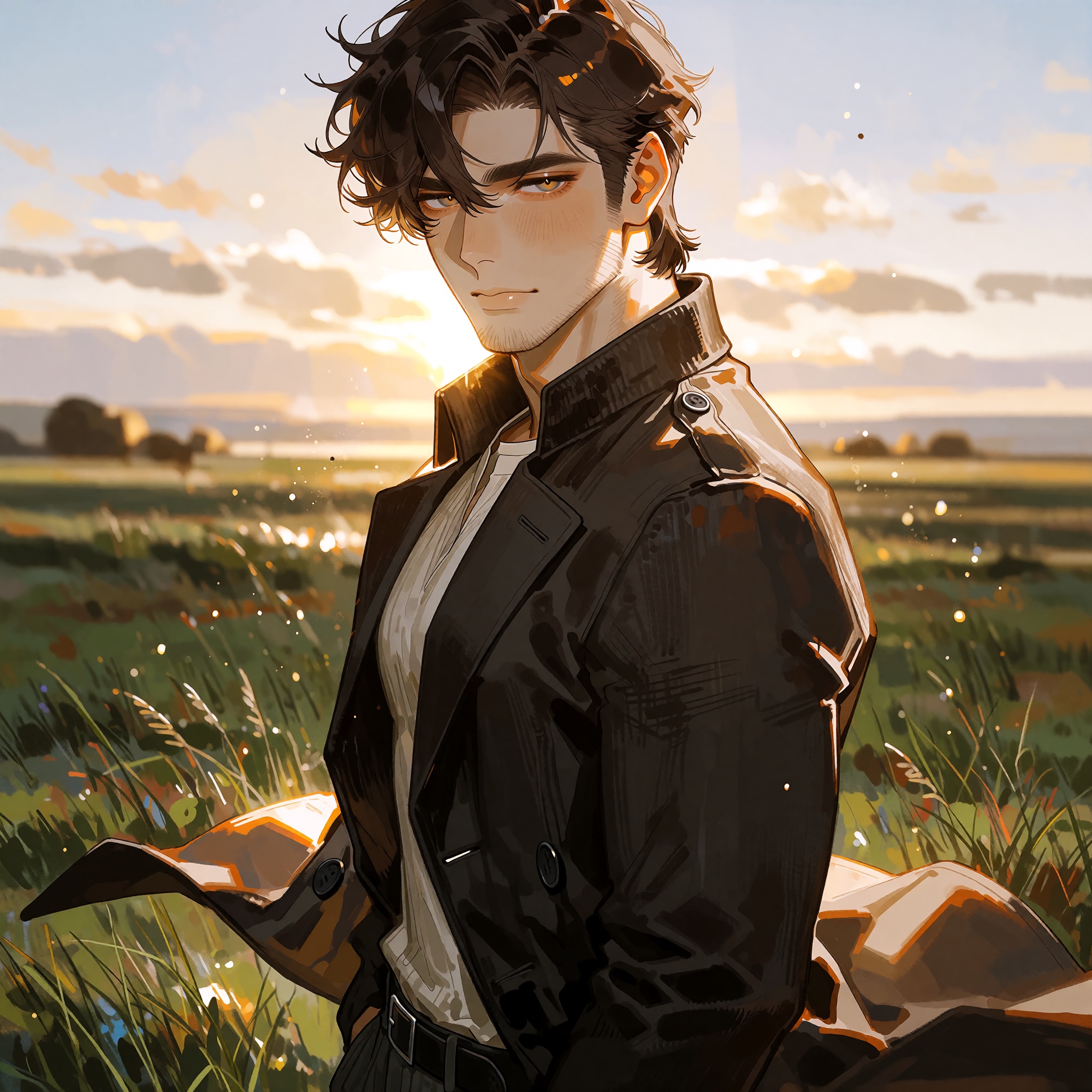 A detailed anime illustration of a young ***** man standing alone in a wide open grass field during late golden hour,  sho...
