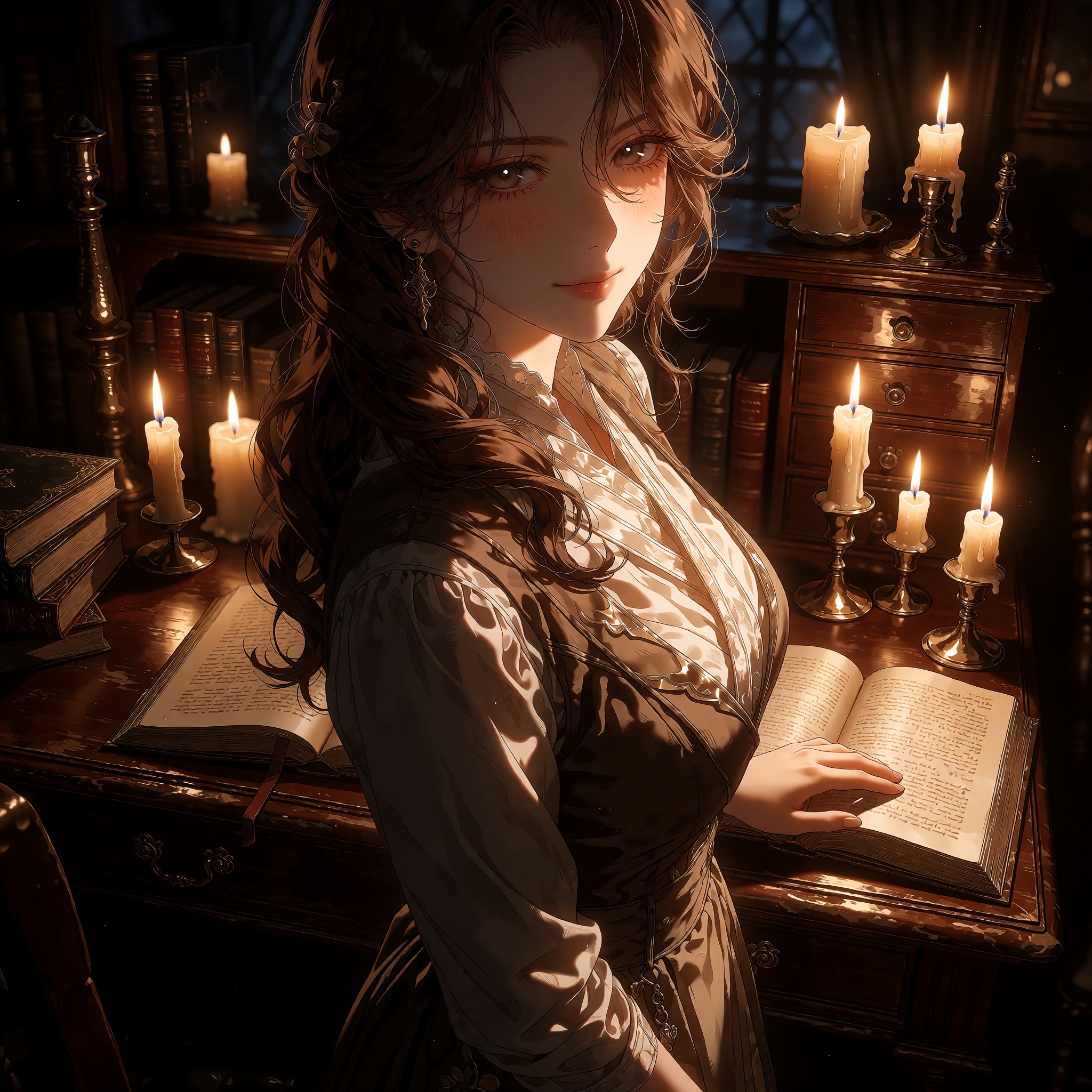A richly detailed anime illustration of a young ***** woman in an old study filled with books,  wooden furniture,  and war...