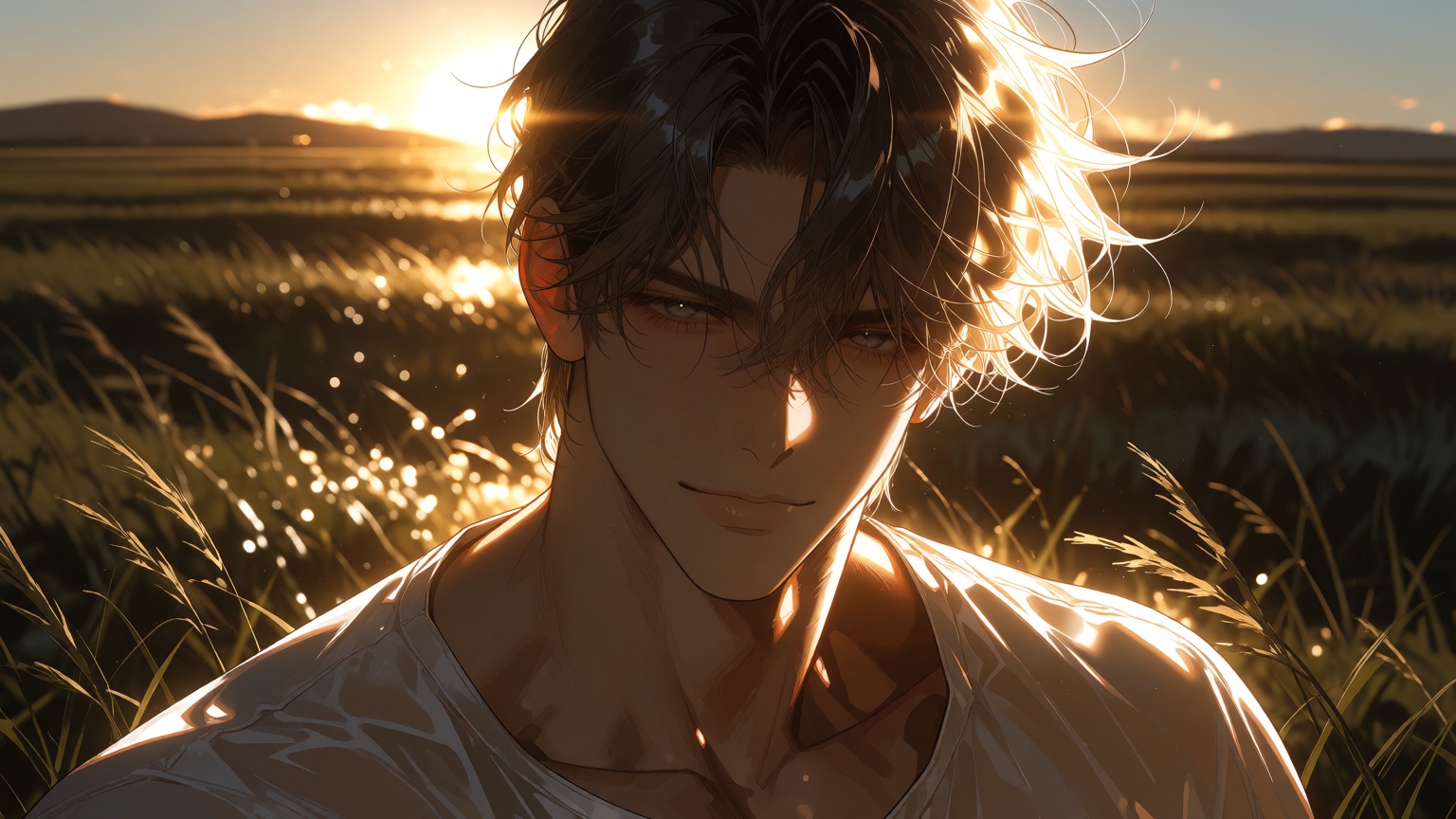 A handsome young man standing in a windswept field at sunset,  detailed anime illustration with semi-realistic rendering....