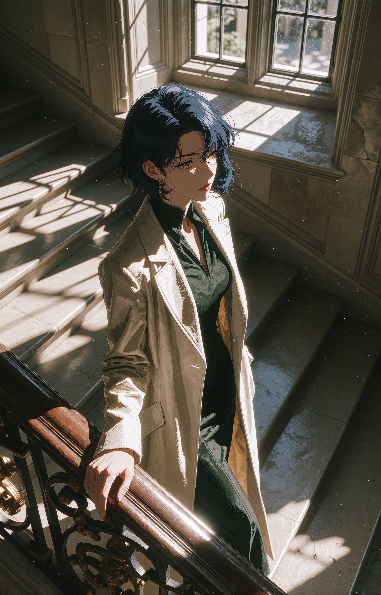 A young ***** woman pauses halfway down a broad stone staircase inside an old manor,  one hand resting lightly on the wood...