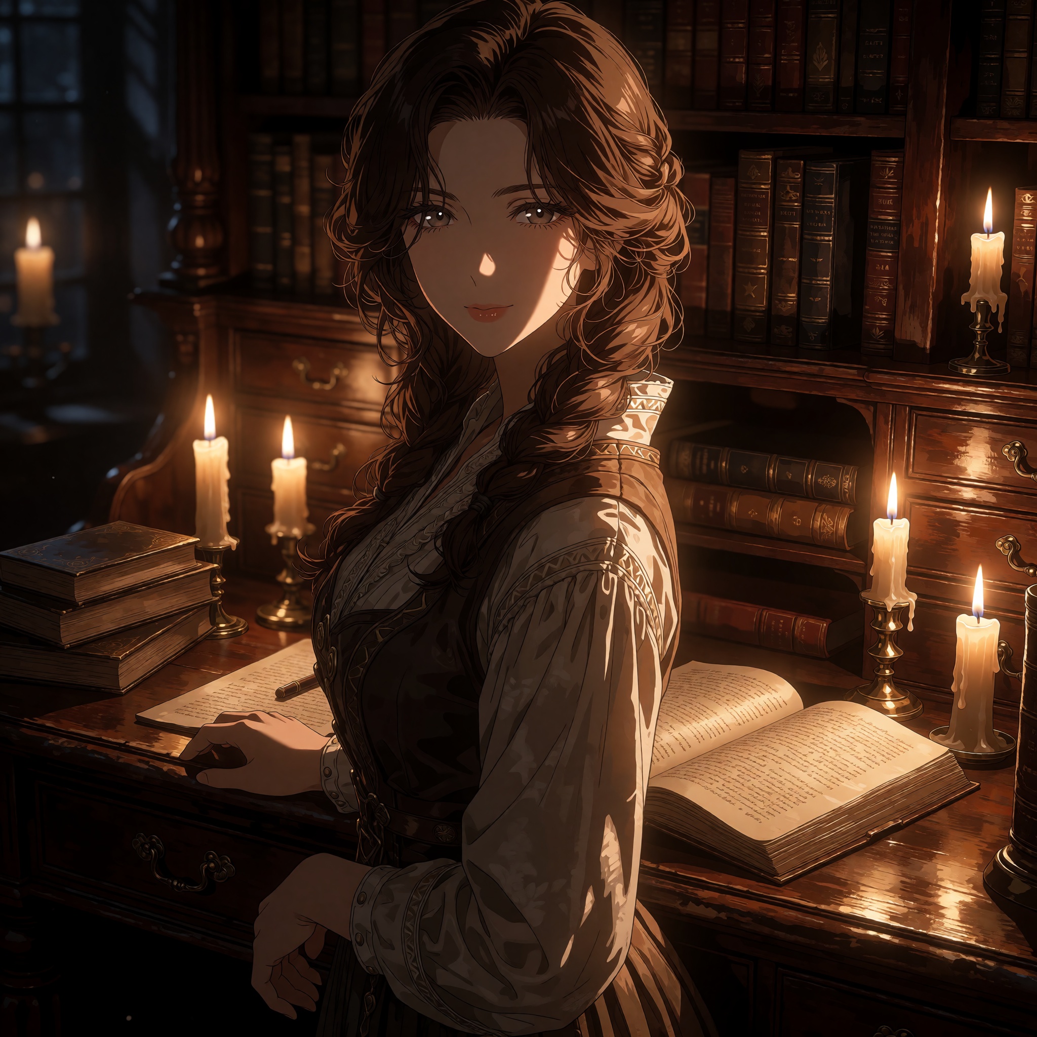 A richly detailed anime illustration of a young ***** woman in an old study filled with books,  wooden furniture,  and war...